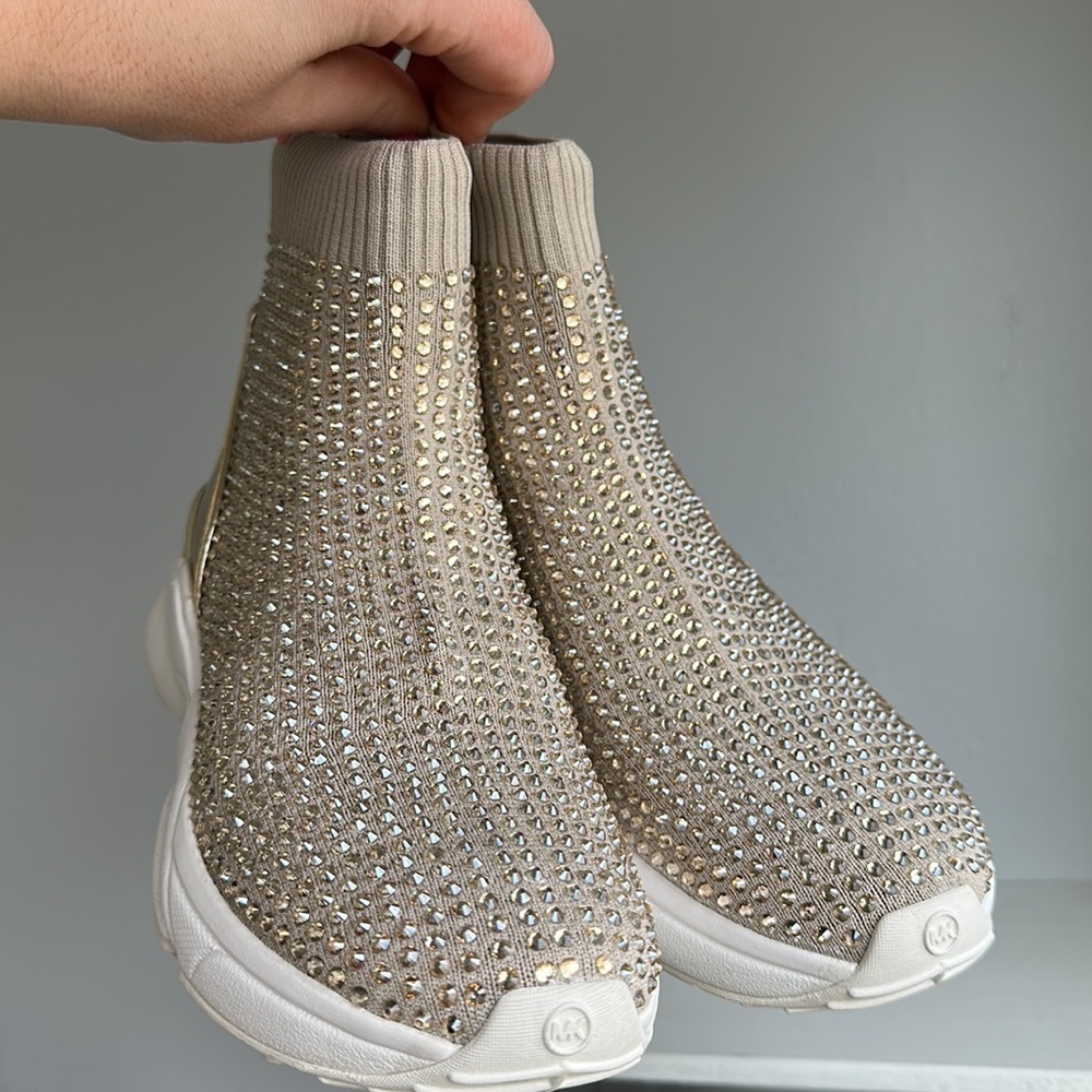 Michael Kors Katrina stretch knit bootie hot fix stones embellished sparkly gold - Picture 11 of 12